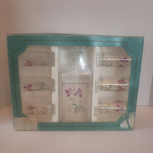 Vintage Italian Masserini New Old Stock 7pz Glass Whisky Decantor/Cups Floral.